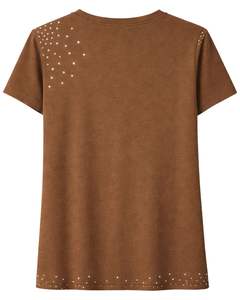 Camiseta de Algodón para Mujer, Color Marrón, con Pedrería Minimalista, Estilo Casual, Manga Corta, Top de Moda, Logotipo Personalizado, Ropa de Verano, Fabricante - Product Image 2