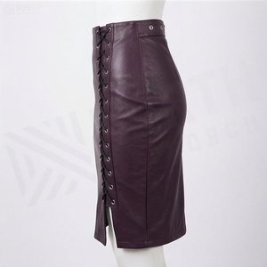 Jupe crayon en cuir PU taille haute pour femme, à lacets, couleur unie, longueur genou, style sexy - Product Image 3
