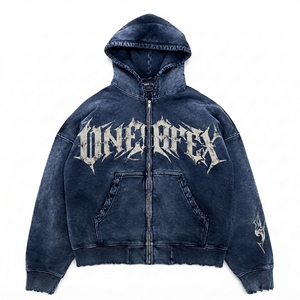 Sudadera con capucha para hombre, azul marino, con cremallera, diseño gráfico, estilo urbano, dobladillo desgastado, personalizada, fabricación de sudaderas con capucha. - Product Image 1