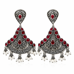 Boucles d'oreilles classiques en laiton, motif floral, argent oxydé, pierre rouge, vente en gros |   Boucles d'oreilles pendantes de qualité supérieure |   Usine directe - Product Image 6