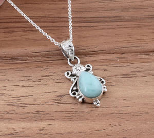 Collar de Plata de Ley 925 con Larimar Natural, Chapado en Platino, Estilo Vintage, Piedra de Delfín Azul Caribe, Gema Oceánica, Joyería Fina - Product Image 2