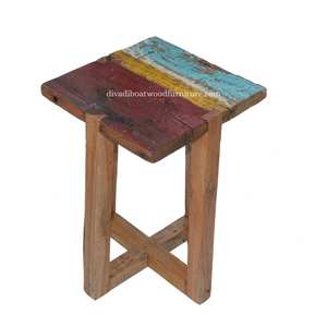 Taburete Cuadrado de Madera de Barco Reciclada Sostenible con Diseño de Patas en X, Muebles de Madera de Bali Ecológicos para Interiores y Exteriores - Product Image 3