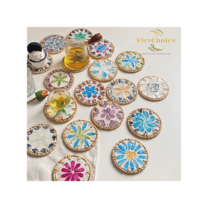 Ensemble de sous-verres en rotin et nacre faits à la main avec support, tapis de tasse écologiques tissés pour la décoration de la maison, des hôtels et des restaurants, vente en gros - Product Image 5