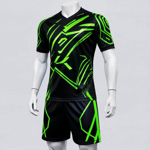 Uniforme de rugby sublimado con cuello en V geométrico negro y verde para hombre, conjunto de manga corta, transpirable, ajuste atlético, para adulto - Product Image 1