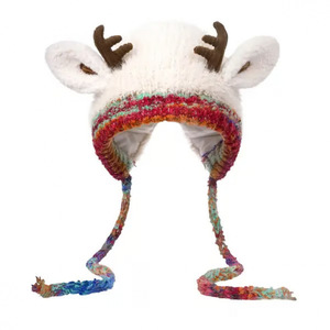 Cute <b>Reindeer</b> Antler Plush Hat Christmas Winter Earflap Hat with Long Braided Tassels Soft Animal Costume Headwear - Product Image 1