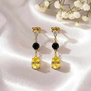Lemon Quartz & Black Obsidian Drop <b>Earrings</b> Pear Oval CZ Accent Minimalist Dangle <b>Studs</b> Sterling <b>Silver</b> Jewelry Gift For Her - Product Image 3