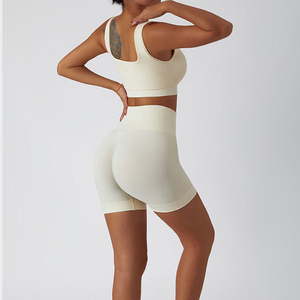 Conjunto de Yoga de Dos Piezas para Mujer, Color Sólido, Cintura Alta, Top Corto Sin Costuras, Pantalones Cortos, Spandex, Poliéster, Ropa Deportiva - Product Image 6