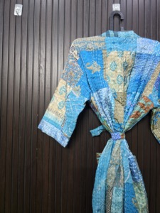 <b>Women</b> Turquoise Silk Patchwork <b>Robe</b> Knee Length Three Quarter Sleeve Handmade Casual Bohemian Style Red - Product Image 2
