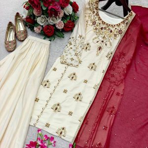 Beige Embroidered Salwar Kameez for Women Traditional <b>Indian</b> Pakistani <b>Top</b> and Pants Wedding Party Outfit - Product Image 2