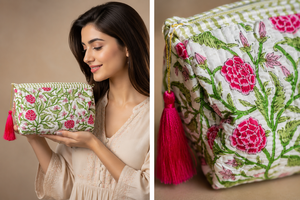 Quilted Cotton Zipper Cosmetic Bag Floral Block Print Bohemian Eco-Friendly <b>Makeup</b> Pouch Travel Organizer for <b>Case</b> Tassel - Product Image 6