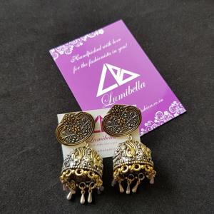 Dual Tone German Silver Floral Jhumka Drop Earrings with Ruby in Platinum Bezel Setting - Product Image 1