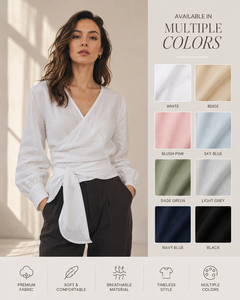 Wholesale Women Cotton Wrap Blouse V Neck Long <b>Balloon</b> Sleeve Tie Waist Casual Elegant Chic Summer Tops Manufacturer Supplier - Product Image 2