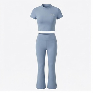 North Approach 2 Piece Yoga Set Solid Blue Crop Top High Waist <b>Flared</b> <b>Leggings</b> Seamless Breathable Women's Sportswear - Product Image 1