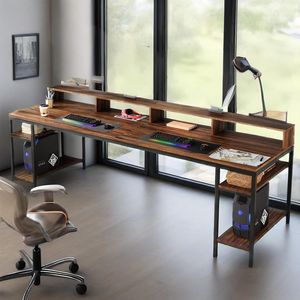 Bureau d'ordinateur double pour deux personnes de 78,74 pouces de long avec étagères de rangement, grand bureau de jeu, d'étude et d'écriture - Product Image 4