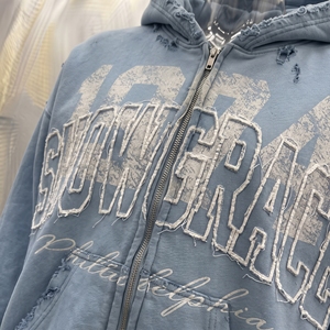 เสื้อฮู้ดซิป Snowgrace สีน้ำเงิน ทรงโอเวอร์ไซส์ สตรีทแวร์ผู้ชาย โลโก้ด้านหน้า ผ้าฝ้ายฟอก ทรงเฟรนช์เทอร์รี่ - Product Image 5