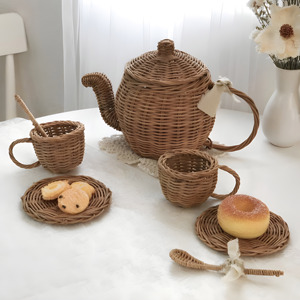 Jouets de jeu de rôle faits à la main pour enfants, lot en gros, service à thé en rotin, accessoires pour fête du thé - Product Image 5