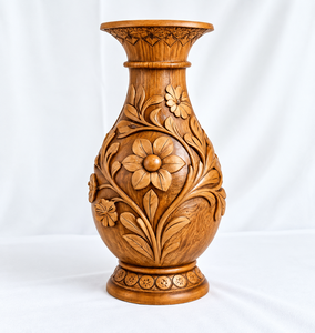 Vase à fleurs en bois avec des sculptures florales et de feuilles complexes, fait à la main pour les fleurs, décoration de la maison, salon, chambre, bureau, hôtel, table - Product Image 2