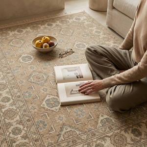 Alfombra Oushak Geométrica Anatolia Vintage, Alfombra de Lana Beige Hecha a Mano para Decoración de Interiores de Lujo - Product Image 5