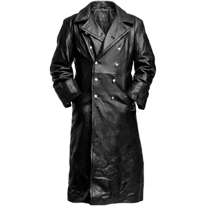 Manteau trench-coat pour homme en cuir véritable, double boutonnage, revers cranté, long, manches classiques, boutons sur le devant, imperméable et respirant - Product Image 1