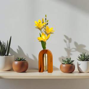 Vase en bois d'acacia fait main en forme de U avec insert en tube à essai en verre – Décoration moderne pour la maison, porte-fleurs de table, cadeau - Product Image 2