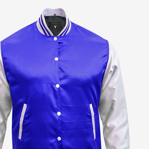 Chaqueta cortavientos de satén de estilo fresco con cuello de punto, venta al por mayor, chaquetas universitarias de satén rojo de béisbol, ribete a rayas para hombres - Product Image 3