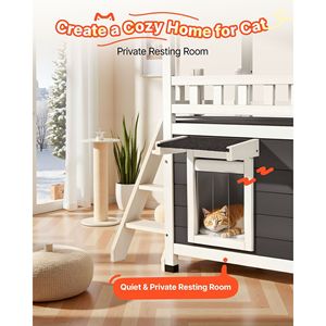 Casetta per Gatti a 2 Piani in Legno da Esterno con Scale e Balcone, Rifugio Rialzato per Gatti Randagi, Spaziosa Stanza Impermeabile, Mobili per Animali Domestici - Product Image 3