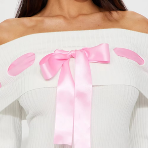 Pull côtelé pour femme à épaules dénudées, col plissé décoré, 100% coton, style mode, collection printemps, OEM, vente en gros - Product Image 4