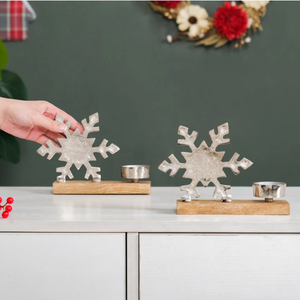 Modern Christmas Snowflake <b>Tealight</b> Candle Holder Wooden Base Metal Holiday Table Decor Stand Set - Product Image 2
