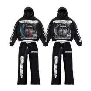 Survêtement décontracté évasé personnalisé pour homme, style streetwear, couleur unie, écologique, léger, avec sweat à capuche et pantalon de jogging à bords bruts - Product Image 2