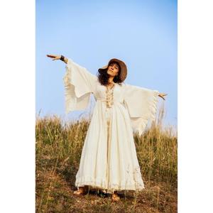 Robe longue maxi bohème pour femmes, robe en coton à manches évasées, avec nœud devant, tenue de festival hippie - Product Image 1