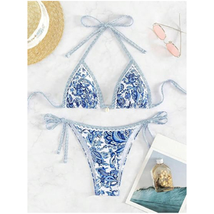 Print Bikini Set Sexy Halter Neck Triangle Top Side Tie <b>Thong</b> Bottom Two Piece Swimwear <b>Swimsuit</b> - Product Image 3