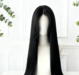 Perruque synthétique longue noire droite avec frange latérale, coupe dégradée, pour usage quotidien, en fibre résistante à la chaleur, pour femmes - Product Image 3