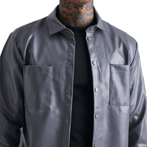 Chemises d'automne 2026 pour hommes en cuir PU à manches longues avec broderie personnalisée, style streetwear, fermeture éclair et boutons, poche poitrine, en tissu velours - Product Image 3