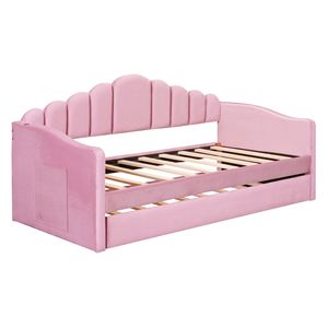 Divano letto singolo imbottito in velluto rosa con letto estraibile e porte USB per la ricarica, morbido divano letto senza bisogno di rete a molle (Vecchio SKU HL000067AAH) - Product Image 1