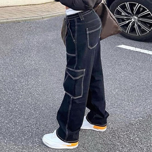 Casual Wholesale OEM Best Selling Regular Fit Straight Winter 100% Cotton Streetwear <b>Elastic</b> <b>Waist</b> Women Casual Cargo <b>Jeans</b> - Product Image 5