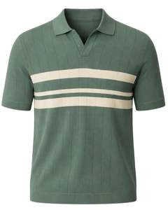 เสื้อโปโลผู้ชาย แขนสั้น ผ้าถักลายทางสีเขียว ผลิตจากผ้าฝ้ายผสม ทรงเข้ารูป สไตล์ลำลอง ผลิตโดยผู้ผลิตเสื้อผ้าชั้นนำ - Product Image 1