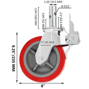 Set di 4 Ruote per Ponteggi da 8 Pollici, Resistenti, con Freno, in Poliuretano Rosso, Capacità 3200 Libbre, 200mm, Personalizzabili OEM, con Stelo Bloccabile - Product Image 3