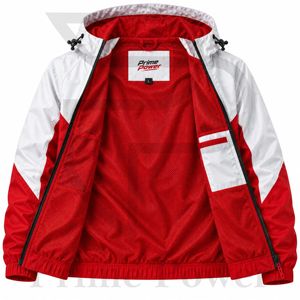 Veste coupe-vent à capuche Prime Power pour homme, nouvelle collection, rouge et blanc, blocs de couleur, fermeture éclair, résistante à l'eau, pour sports de plein air, coupe classique - Product Image 3