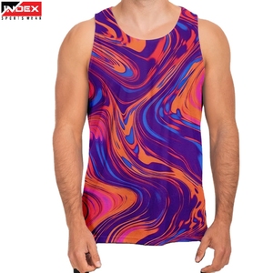 Camiseta sin mangas deportiva de secado rápido con cuello redondo y estampado de sublimación para hombre INDEX, diseño morado, naranja y azul - Product Image 1