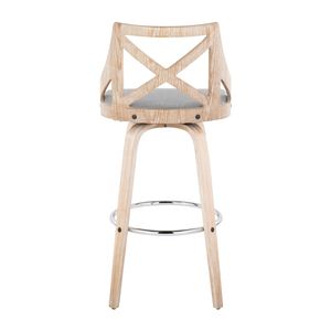 Sgabello da bar Charlotte da 30 pollici a altezza fissa con base girevole, in legno bianco anticato e tessuto grigio chiaro, finitura in metallo cromato, stile rustico - Product Image 5