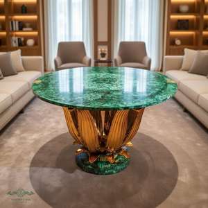 โต๊ะลายดอกบัวทำมือจากมาลาไคต์พร้อมฐานทองแกะสลัก - Product Image 3
