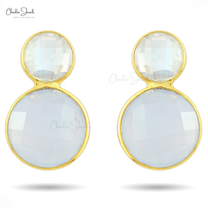 Natural Blue Chalcedony & Rainbow Moonstone Round Gemstone <b>Studs</b> in 925 Sterling <b>Silver</b> Push Back Earrings at Factory Cost - Product Image 2