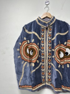 Bohemian <b>Velvet</b> Embroidered Handmade Suzani <b>Coat</b> Plus Size <b>Women</b> Winter Outerwear O-Neck Collar Full Sleeve Floral Pattern - Product Image 5