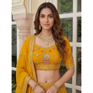 Alluring Yellow <b>Sequins</b> Georgette Wedding Lehenga Choli for Women - Product Image 2
