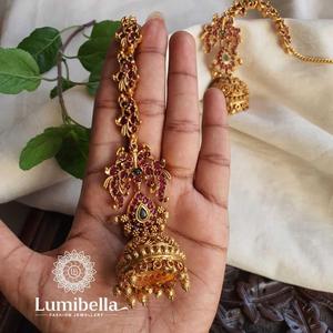 Peacock Style Jhumka Earrings with Attached Mattal in Pearl and Ruby - Product Image 1