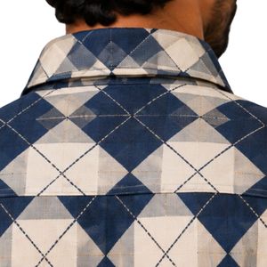 Chemise à manches longues pour homme en coton bleu marine et beige à motif losanges, décontractée, boutonnée, vente en gros personnalisée, vêtements de mode - Product Image 5