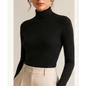 Suéter de Cuello Alto para Mujer, Tejido Acanalado de Alta Elasticidad, Manga Larga, Corte Regular, Casual, a Cuadros, Sólido, Ecológico, Transpirable, de Secado Rápido, 100% - Product Image 1