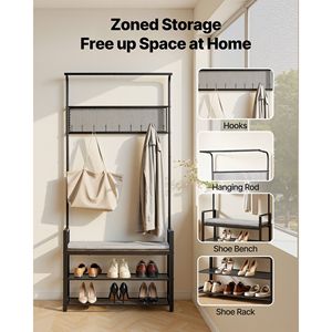 Porte-manteau autoportant de 72 pouces avec banc à chaussures, organisateur de rangement à 2 niveaux, crochets et tringle de suspension, armoire de hall avec étagère à chaussures en fil métallique - Product Image 2