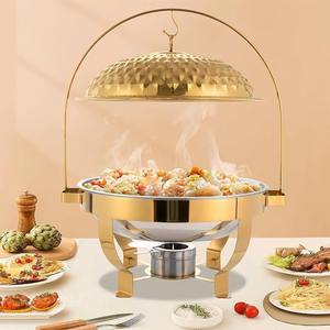 Calentador de Comida Tipo Buffet Redondo de Acero Inoxidable Pulido Espejo con Tapa de Cristal y Perilla Floral, Venta al por Mayor, Unidad Individual - Product Image 1