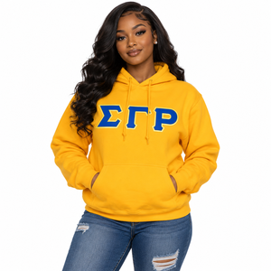 <b>Yellow</b> Women's Custom Embroidered <b>Hoodie</b> with Blue Greek Letter Applique Design Drawstring Hood Kangaroo Pocket Long Sleeve Pull - Product Image 1